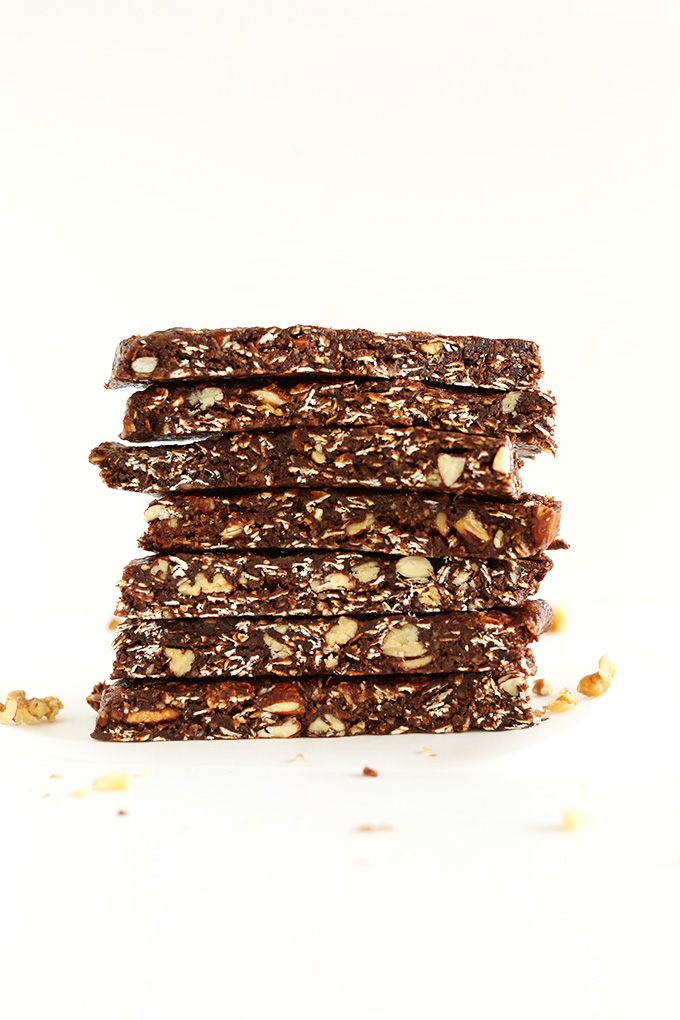 Stack of delicious naturally-sweetened Brownie Granola Bars