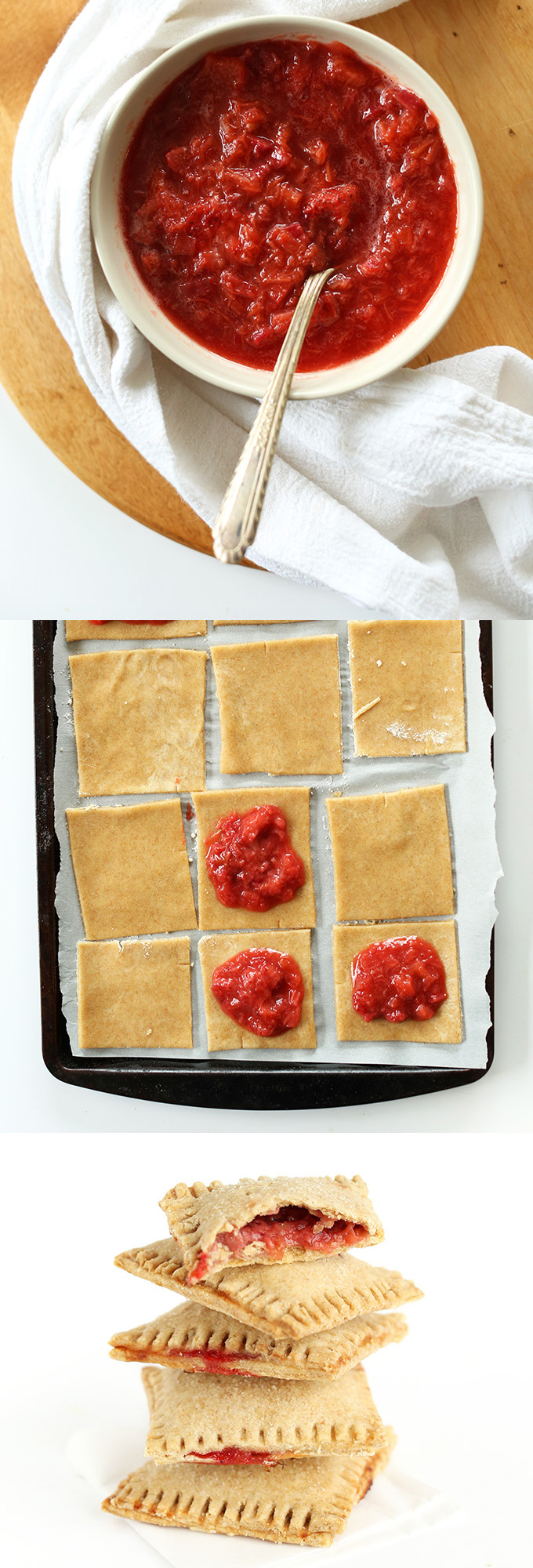 Series of photos showing the steps for making homemade Strawberry Rhubarb Pop Tarts