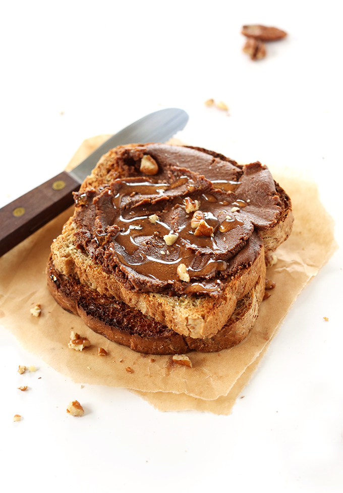 Delicious homemade Vegan Brownie Butter Spread on slices of toast
