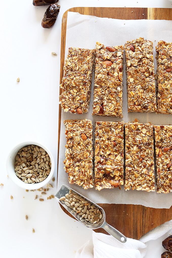 Batch of our homemade vegan granola bars recipe resting on a cutting board
