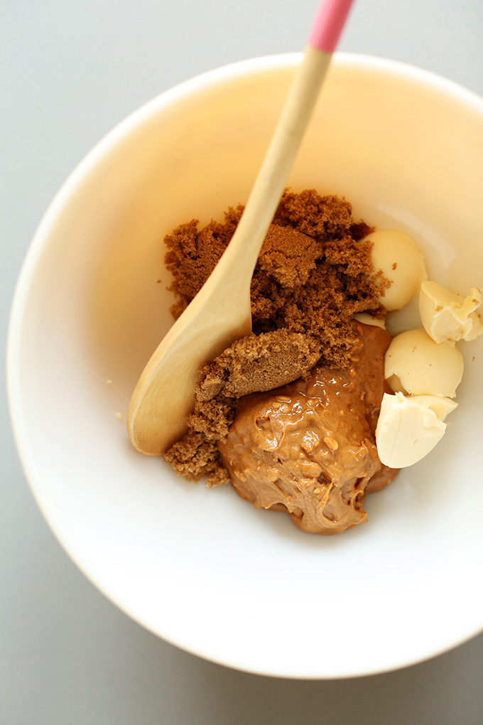Mixing bowl with ingredients for making homemade Vegan Peanut Butter Cookie Dough