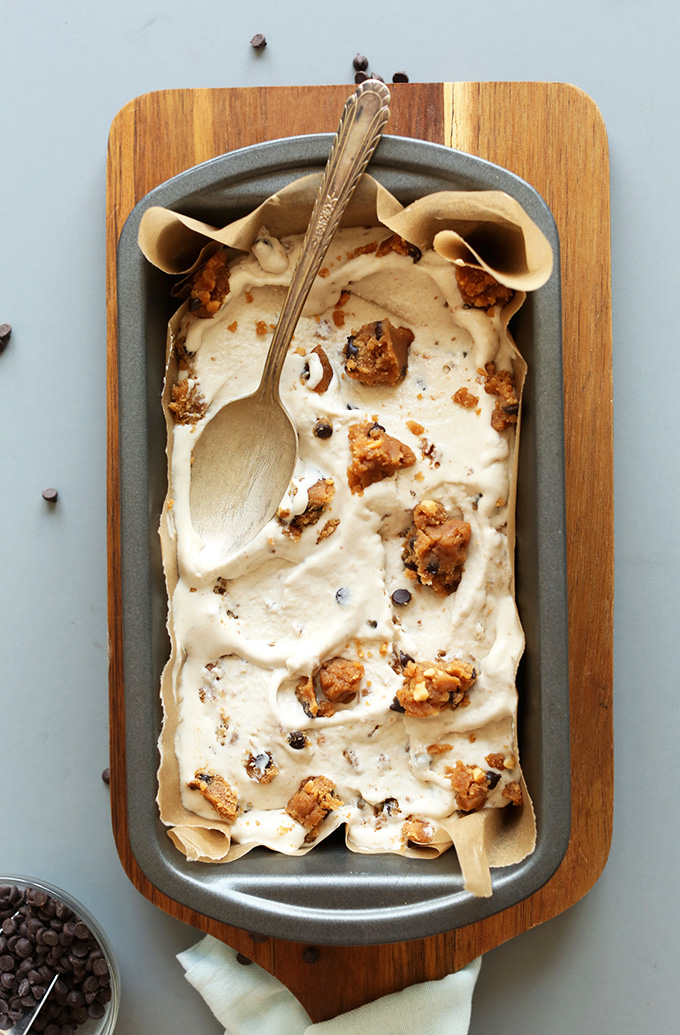 Pan filled with a batch of our Vegan Peanut Butter Chocolate Chip Cookie Dough Ice Cream recipe