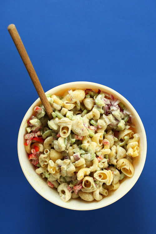 Bowl of Vegan Macaroni Salad for a simple summer cookout recipe