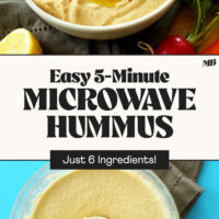 Food processor with hummus and bowl of hummus surrounded by veggies with text that says Easy 5-Minute Microwave Hummus with just 6 ingredients