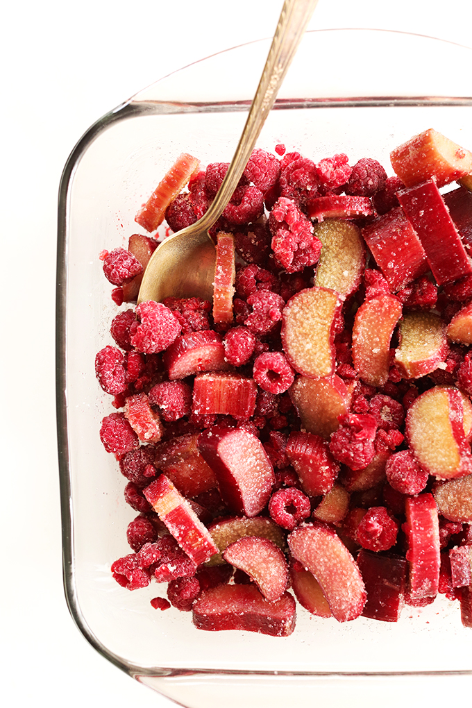 Fresh rhubarb and raspberries for making homemade gluten-free vegan fruit crisp