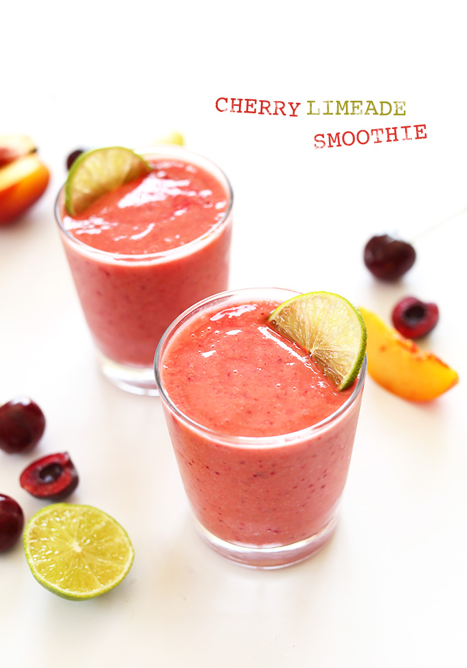 Glasses of Cherry Limeamde Smoothies for a refreshing vegan treat