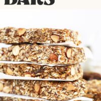 Stack of Super Seedy Granola Bars with text above them that says just 9 ingredients