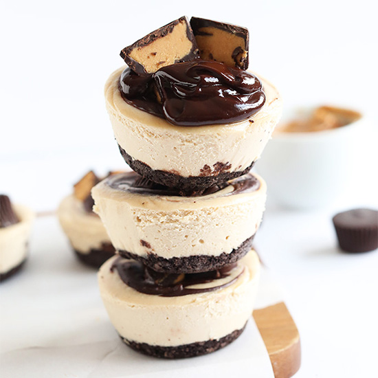 Stack of three No-Bake Peanut Butter Cup Cheesecakes