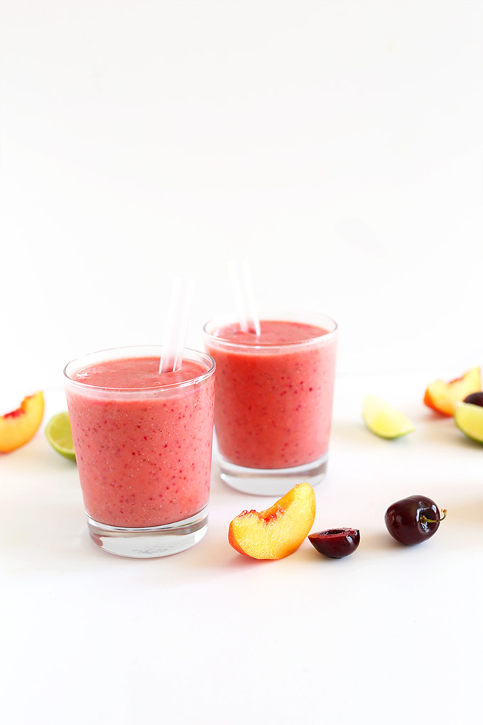 Two glasses of our refreshing gluten-free vegan Cherry Limeade Smoothie