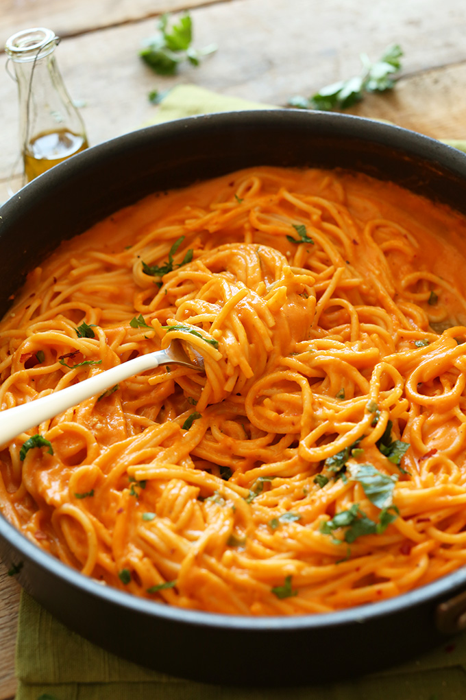 Pan of our Vegan Roasted Red Pepper Pasta recipe for a comforting vegan dinner