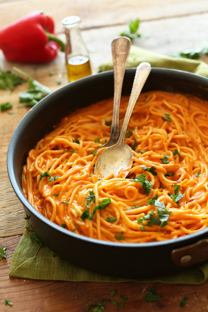 Pan of Super Creamy Savory Roasted Red Pepper Pasta for a simple gluten-free vegan dinner
