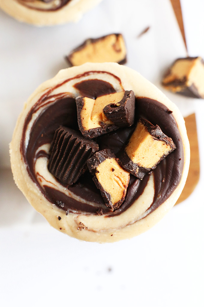 Top down shot showing the beautiful swirl on our Vegan Peanut Butter Cup Cheesecakes