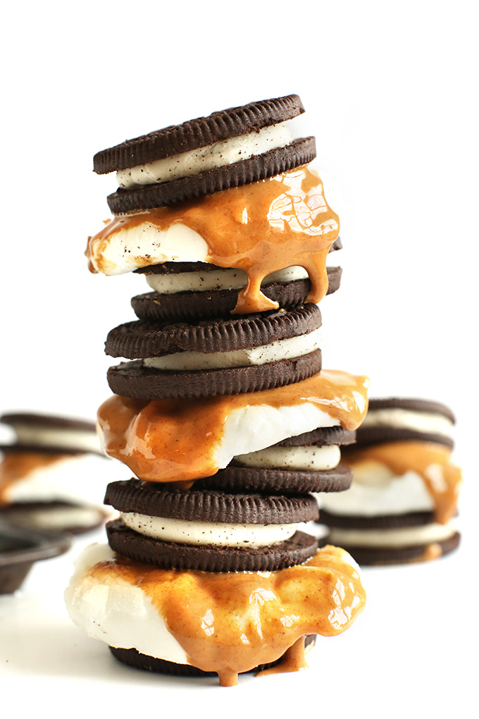Stack of homemade Peanut Butter S'MOREOS for a delicious vegan dessert