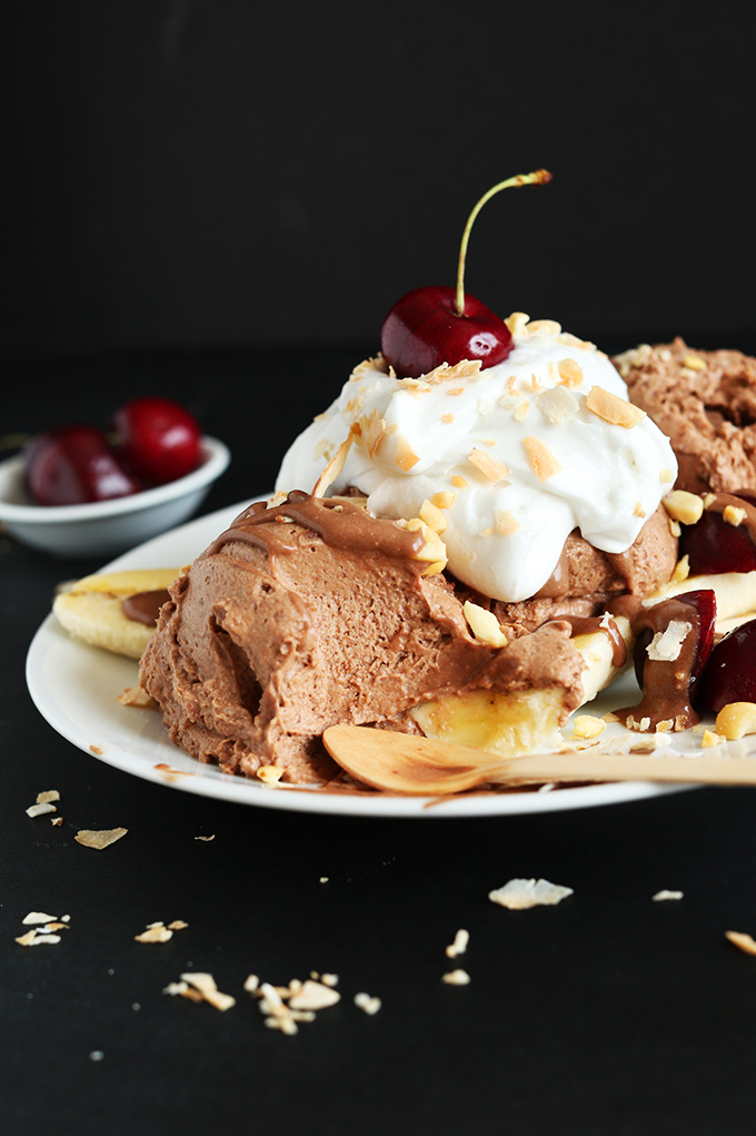 Plate of Vegan Banana Split with all the goodies