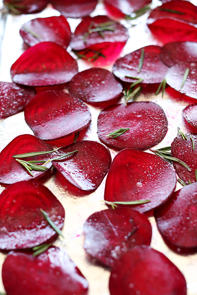 Baking sheet filled with Rosemary Beet Chips for a healthy vegan snack