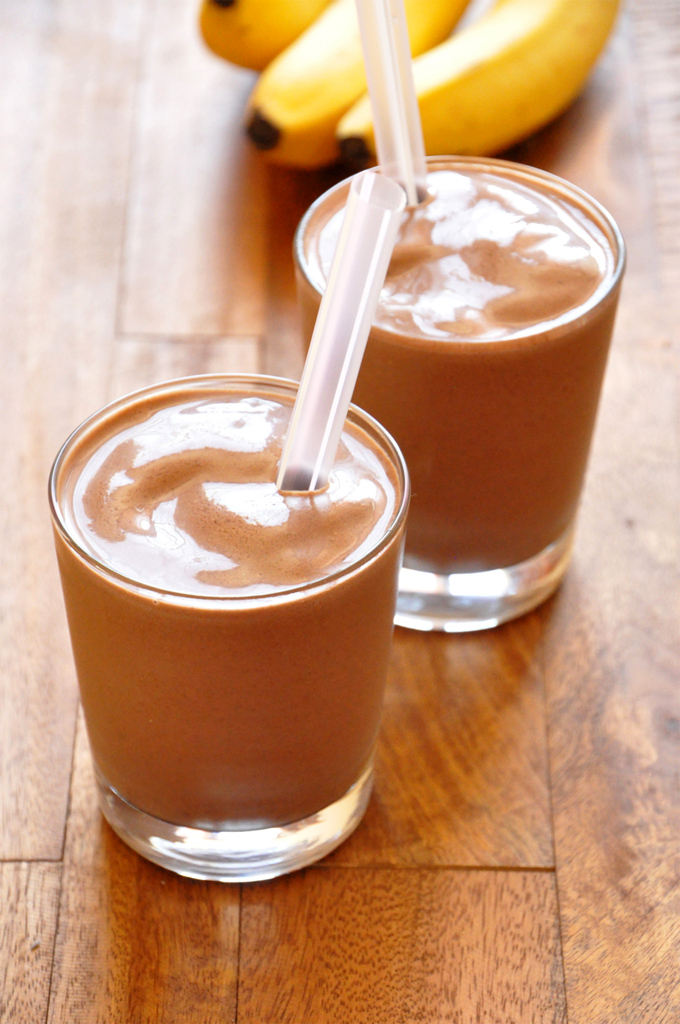 Two glasses of our Creamy Chocolate Banana Breakfast Shake