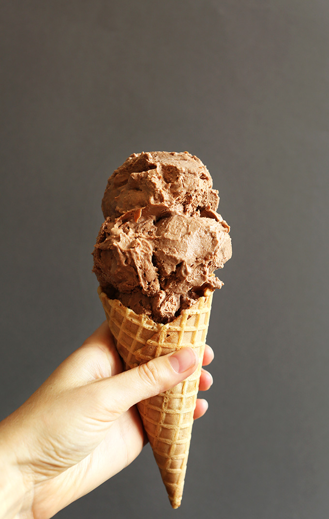 Holding up a double-scoop Vegan Chocolate Ice Cream on a waffle cone