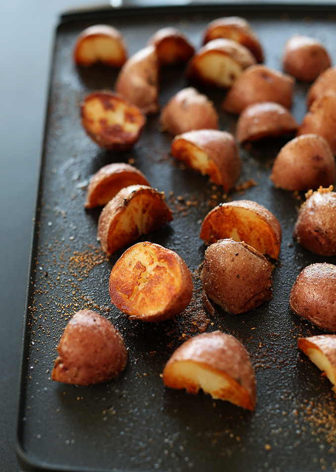 A batch of the BEST breakfast potatoes recipe on a baking sheet