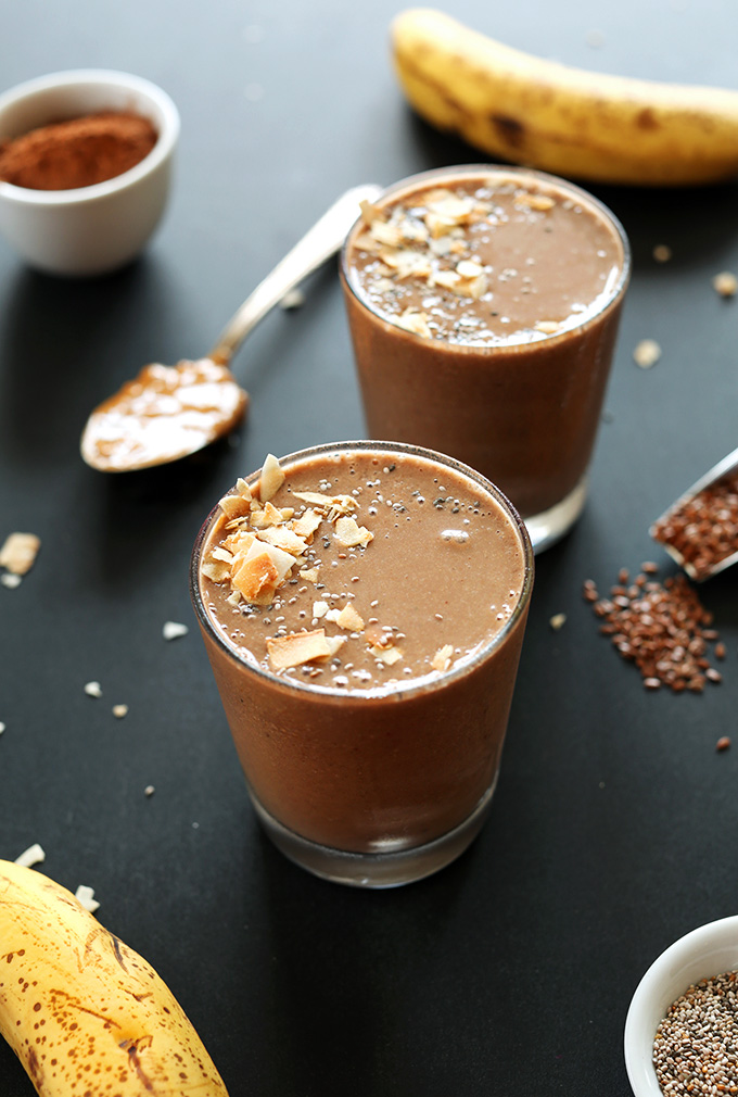 Two glasses of our Chocolate Coconut Chia Recovery Drink