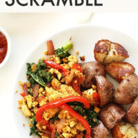 Plate of our tofu scramble recipe with breakfast potatoes