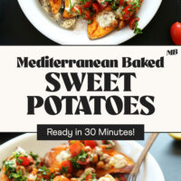 Two bowls of Mediterranean Baked Sweet Potatoes with text that says ready in 30 minutes