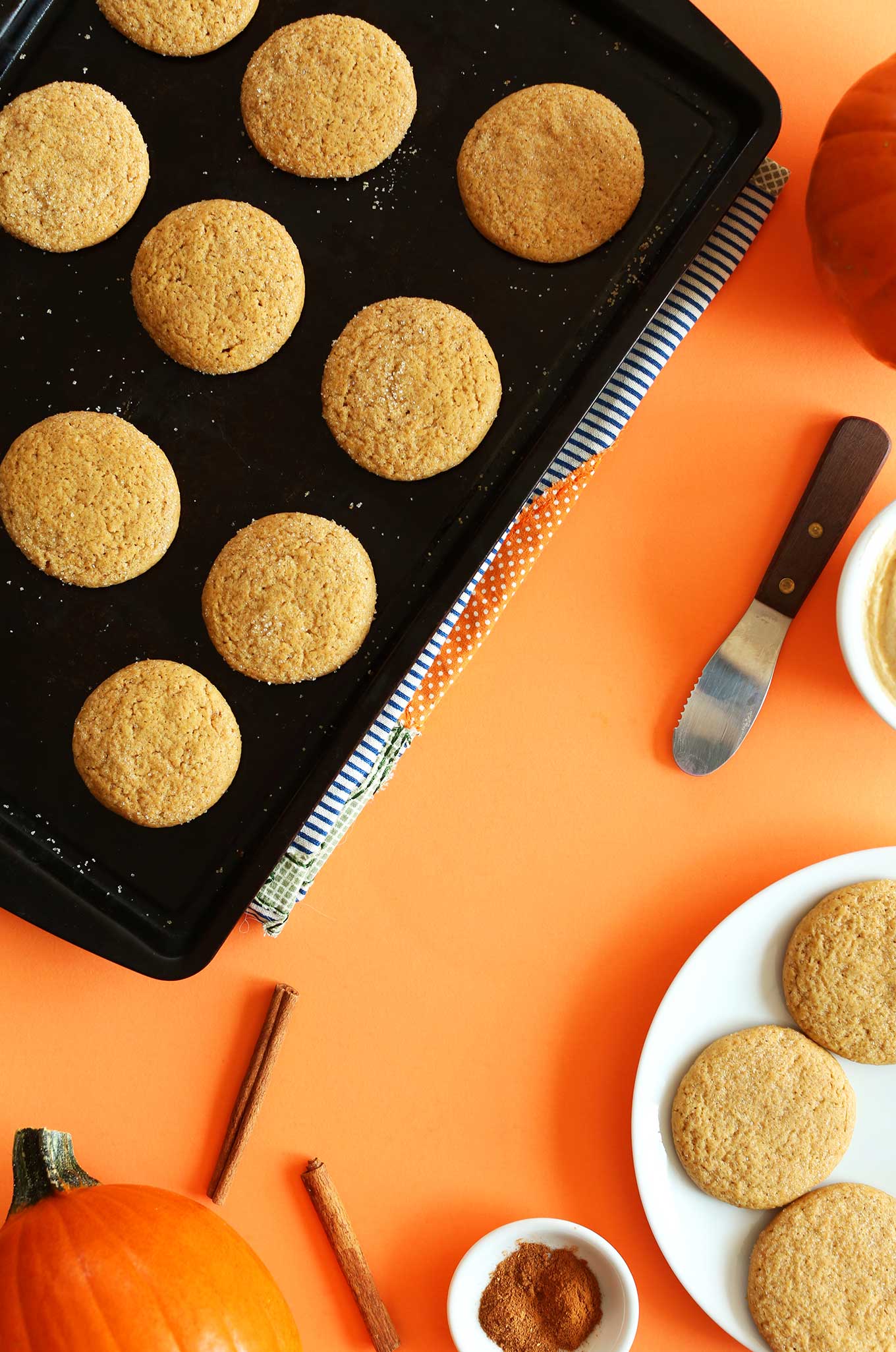 Baking sheet filled with a batch of our Vegan Pumpkin Sugar Cookies recipe