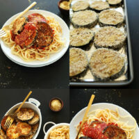 Photos of the process of making our vegan eggplant parmesan including baking it and serving with pasta and marinara