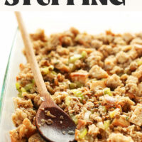 Baking dish filled with our simple vegan stuffing recipe made with just 9 ingredients