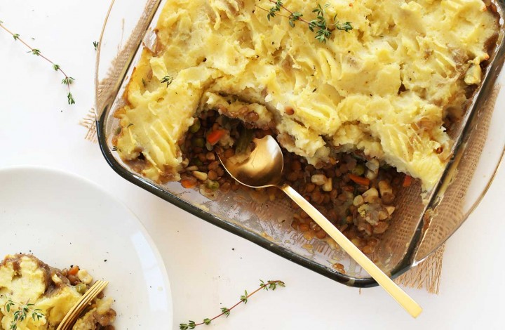 Tray and plate of healthy gluten-free vegan Shepherds Pie