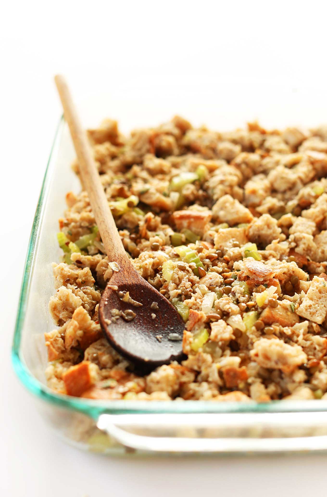 Glass baking dish filled with our simple vegan stuffing recipe
