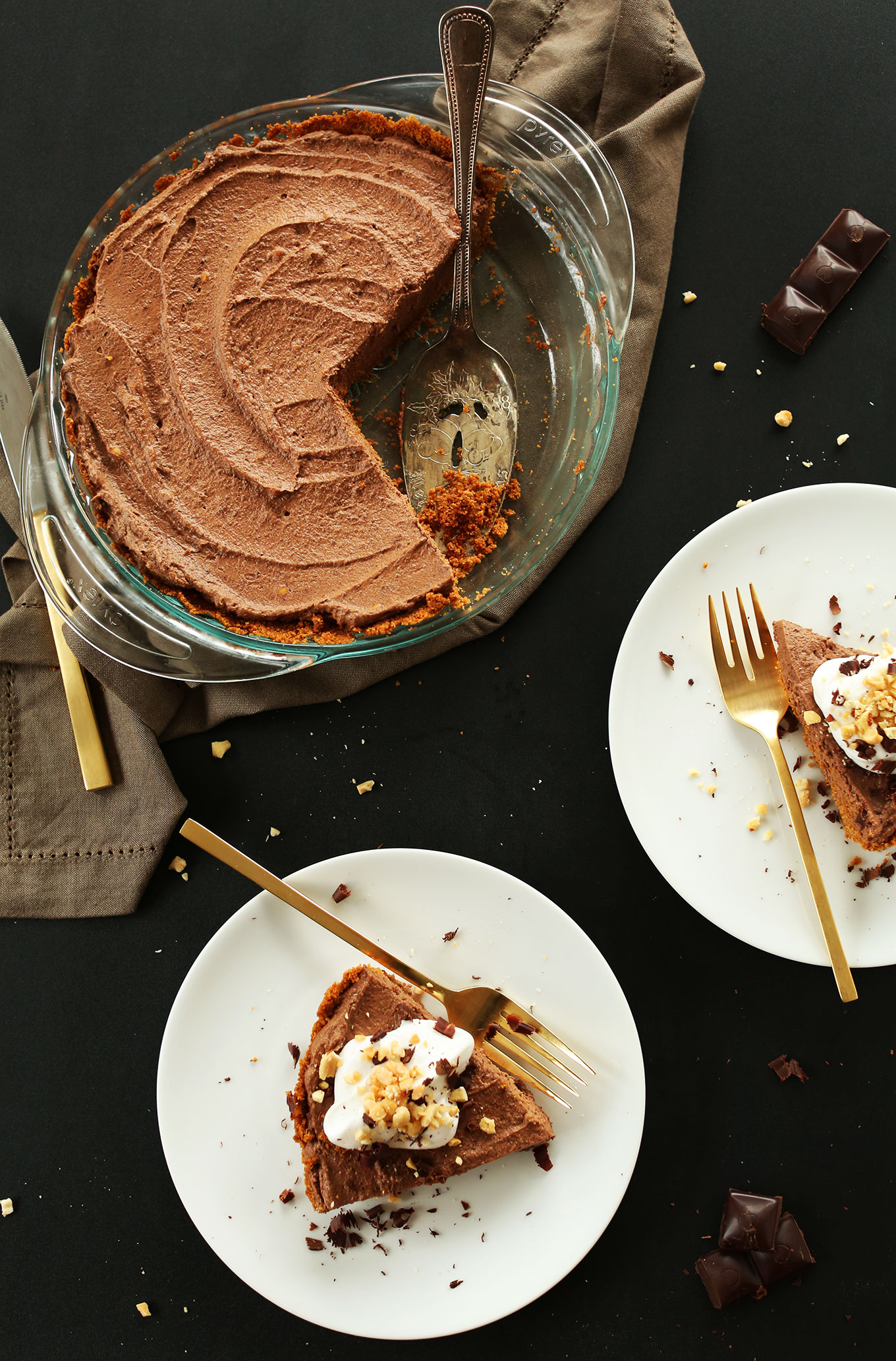 Plates with slices of our delicious Vegan Chocolate Peanut Butter Mousse recipe