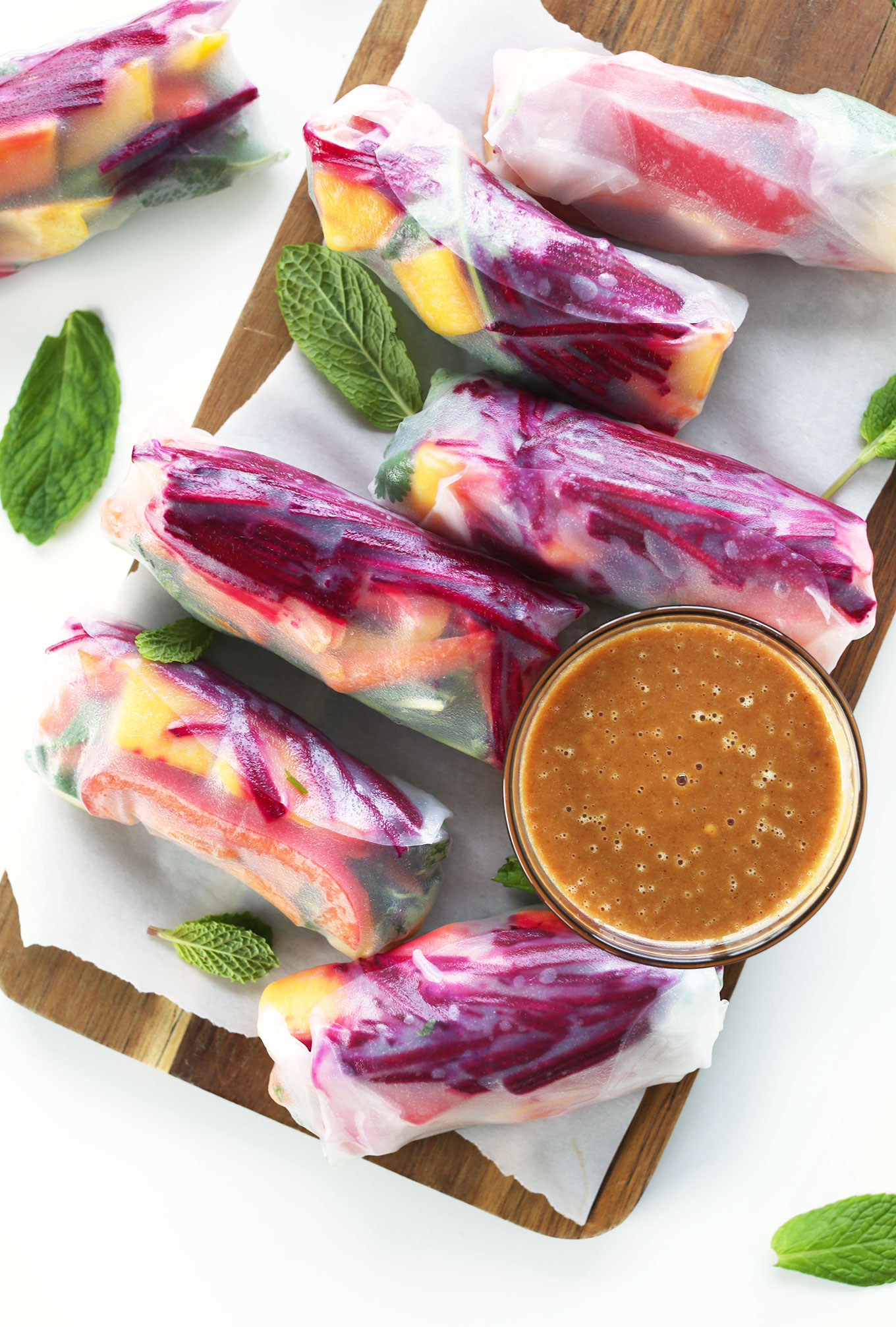 Fresh Veggie Spring Rolls with a side of our Ginger Peanut Sauce recipe
