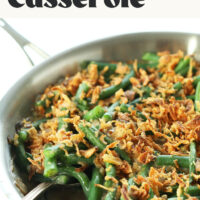 Pan of vegan green bean casserole topped with crispy fried onions