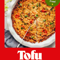 Overhead shot showing slicing into our simple tofu quiche