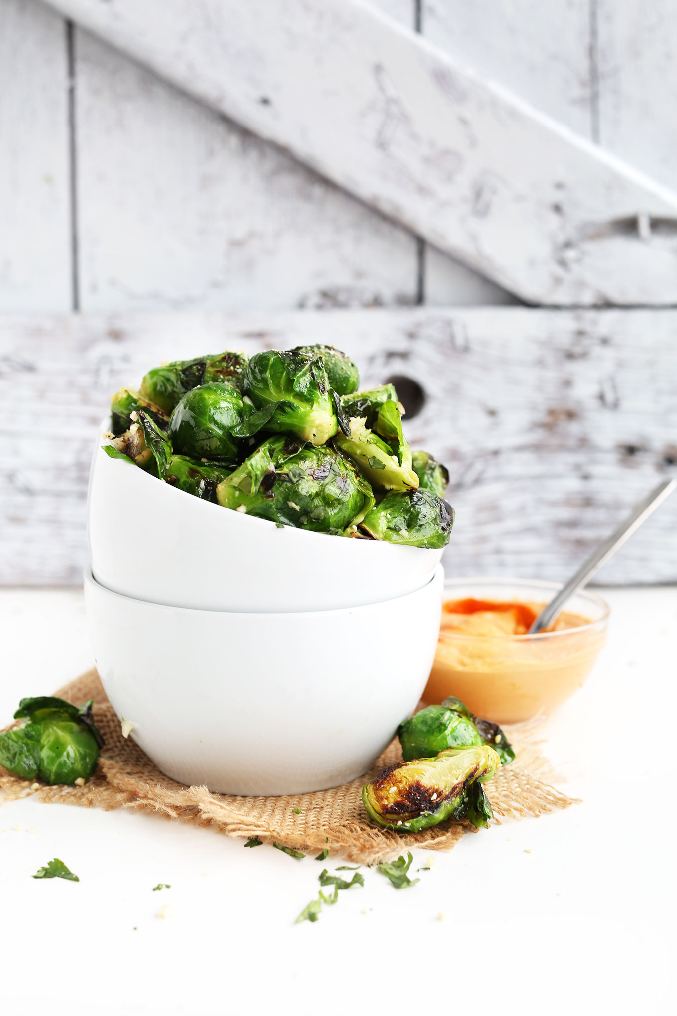 Bowl of Garlic Roasted Brussels Sprouts for a crispy vegan appetizer