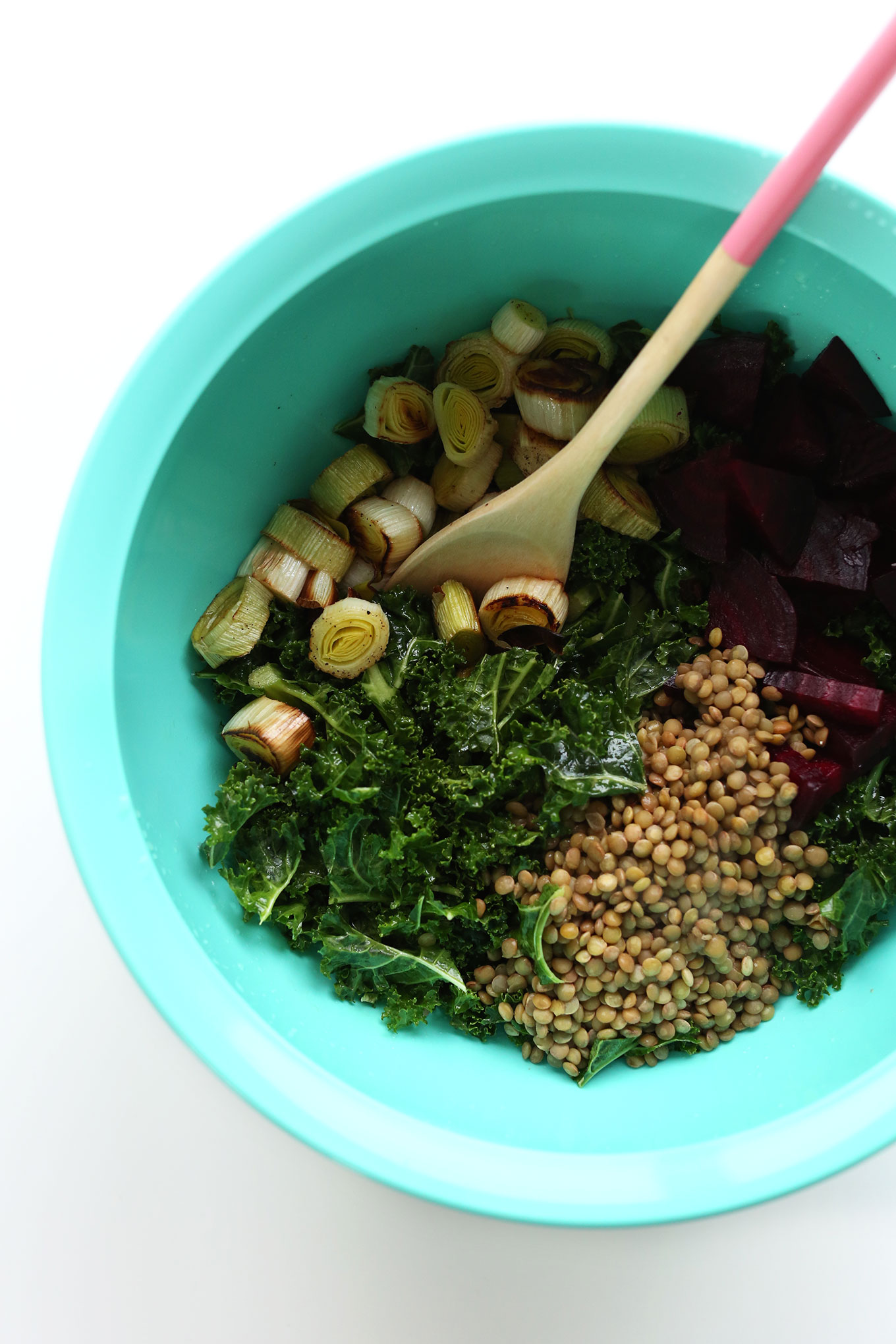 Bowl of Roasted Beets, Lentils, Kale, and Leeks for a delicious gluten-free vegan salad