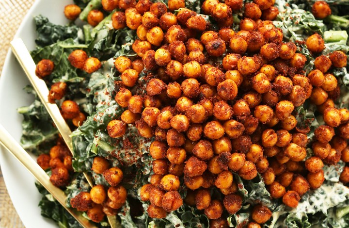 Gluten-free vegan dinner of Garlicky Kale Salad with Crispy Tandoori Roasted Chickpeas