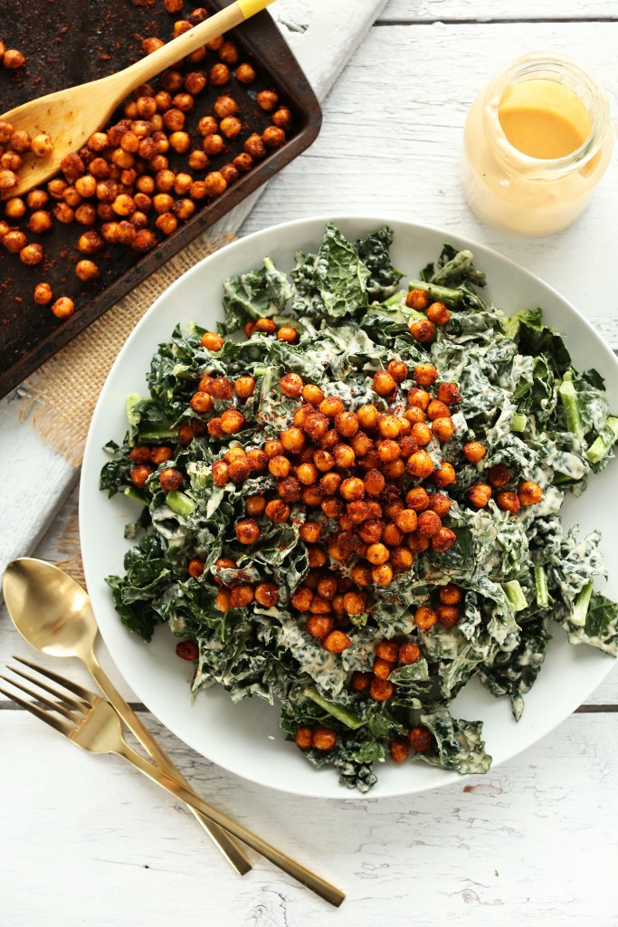 AMAZING Garlicky Kale Salad with Tandoori Spiced Chickpeas! 30 minutes and SO delicious! #vegan #glutenfree #salad