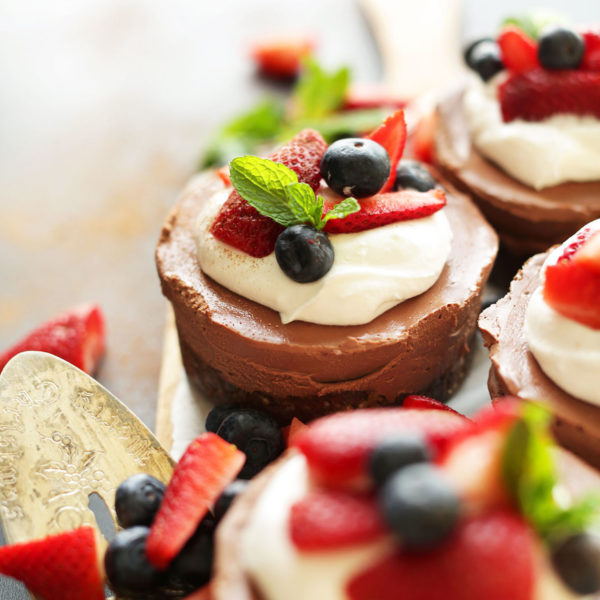 Creamy gluten-free Vegan Chocolate Cheesecakes for dessert