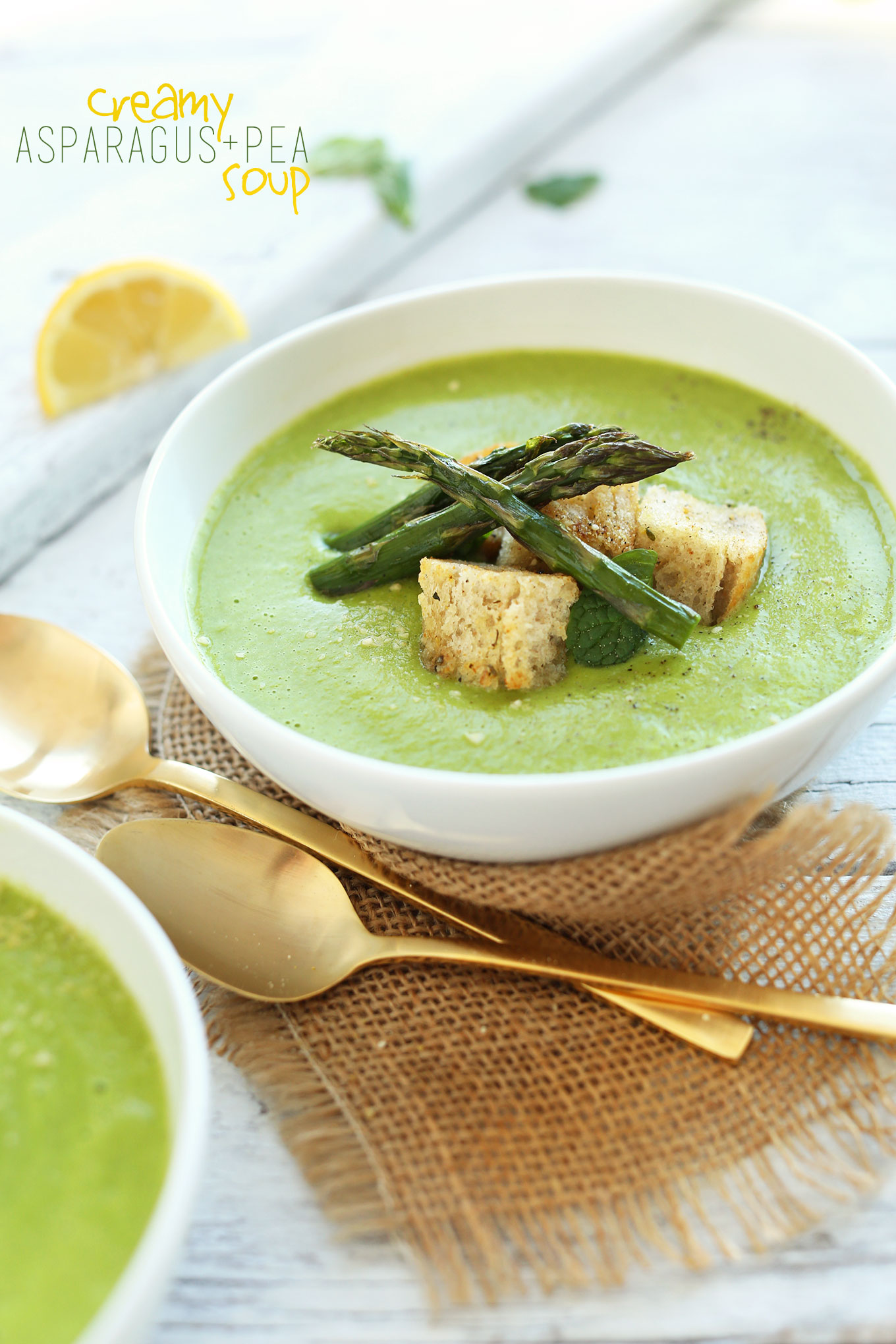 Bowl of gluten-free vegan Creamy Asparagus and Pea Soup for dinner