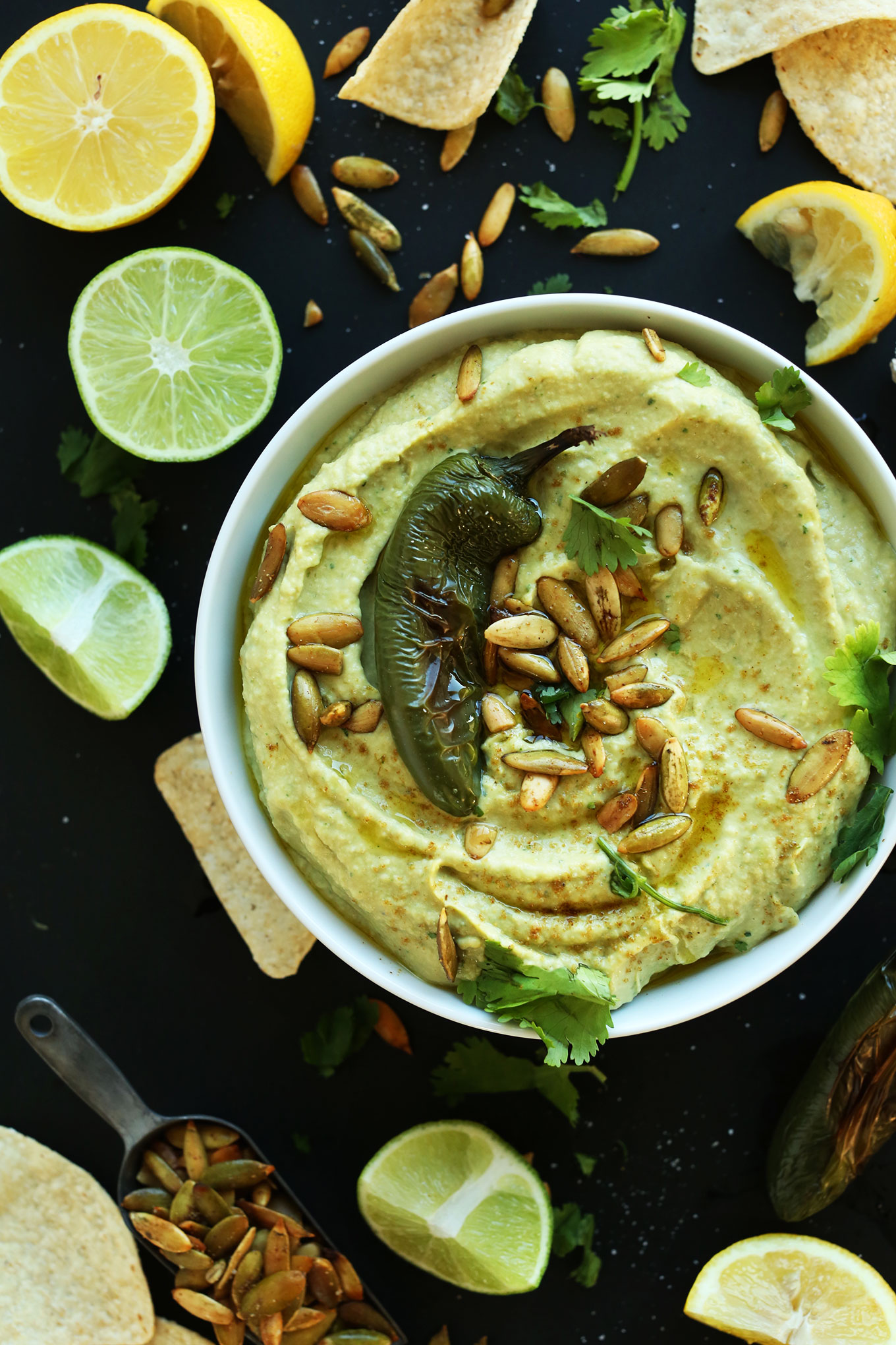Bowl of homemade Roasted Jalapeno Hummus for a delicious vegan appetizer