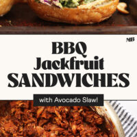 Photos of open-faced burgers and a BBQ jackfruit filling with text between them saying BBQ Jackfruit Sandwiches with Avocado Slaw