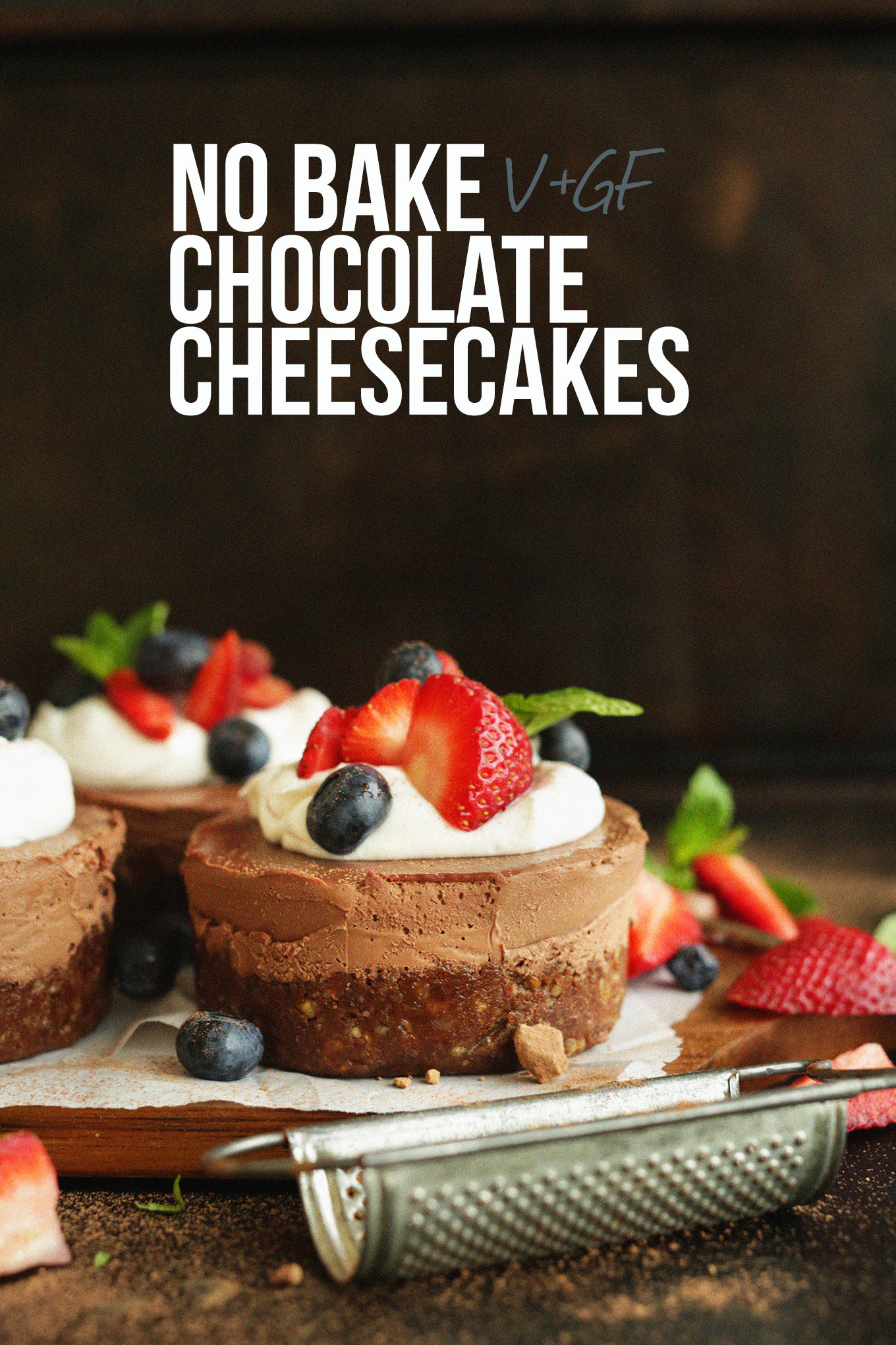 Cutting board filled with our gluten-free vegan No Bake Chocolate Cheesecakes