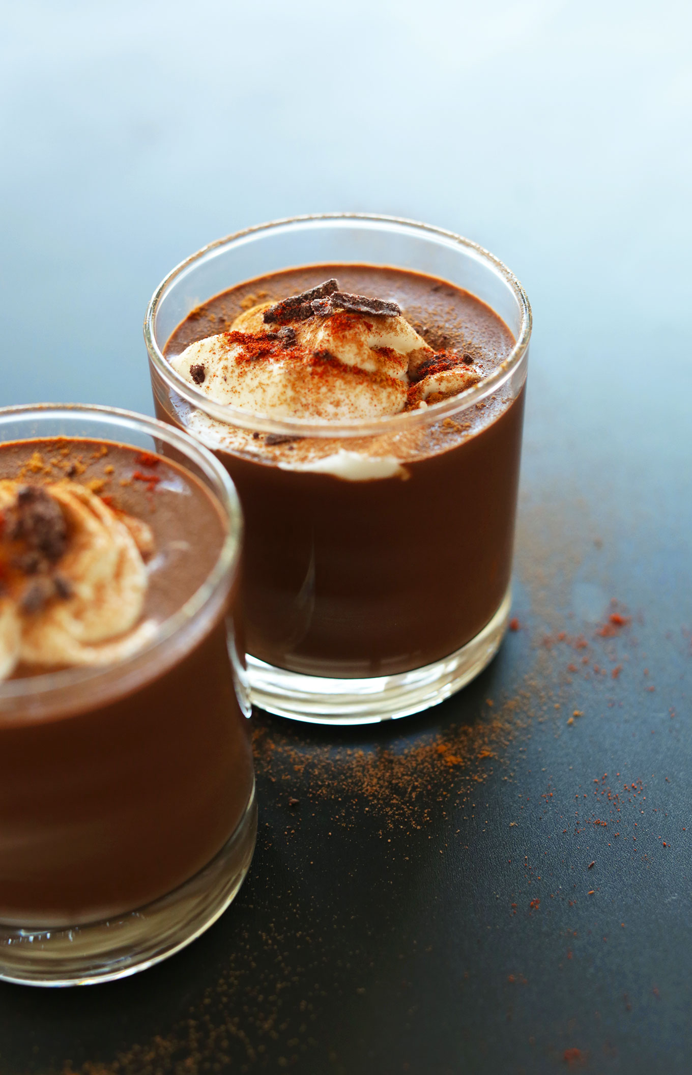 Two glasses filled with our Mayan Drinking Chocolate recipe for a vegan dessert