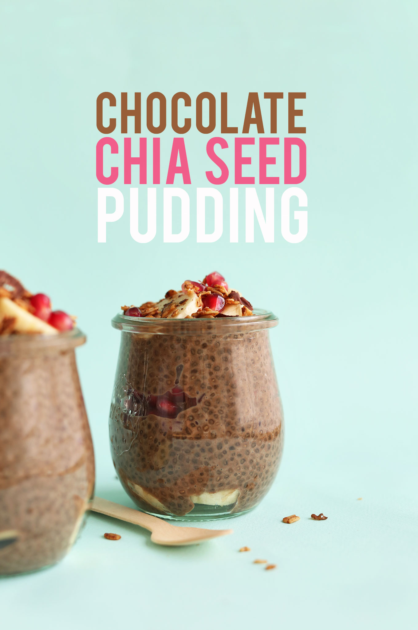 Two jars of naturally-sweetened vegan Chocolate Chia Seed Pudding