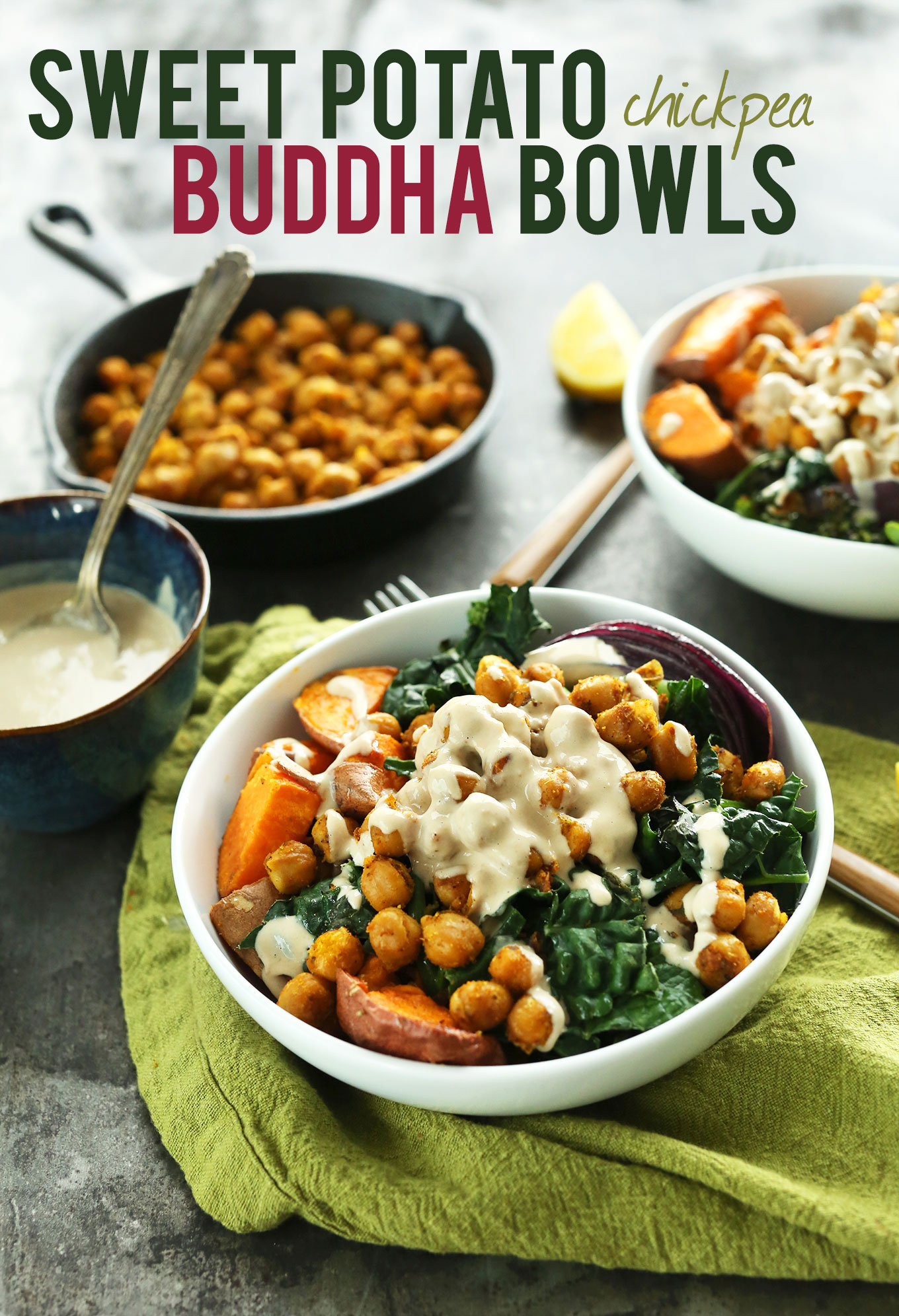 Big serving of our Chickpea Sweet Potato Buddha Bowl recipe topped with Tahini Lemon Maple Sauce