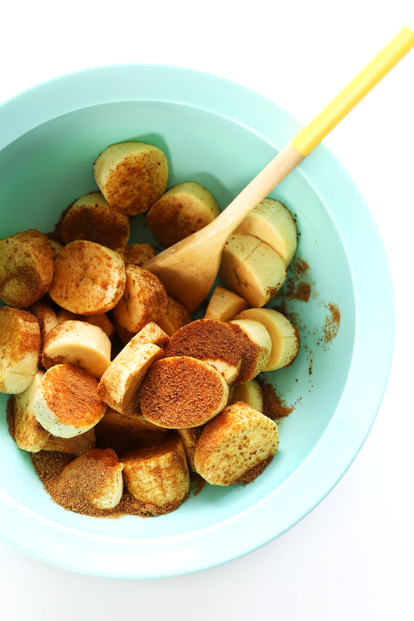 Mixing bowl with plantains and coconut sugar for making a delicious vegan treat