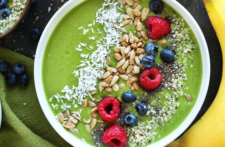 A healthy vegan gluten-free breakfast bowl filled with our Super Green Smoothie Recipe