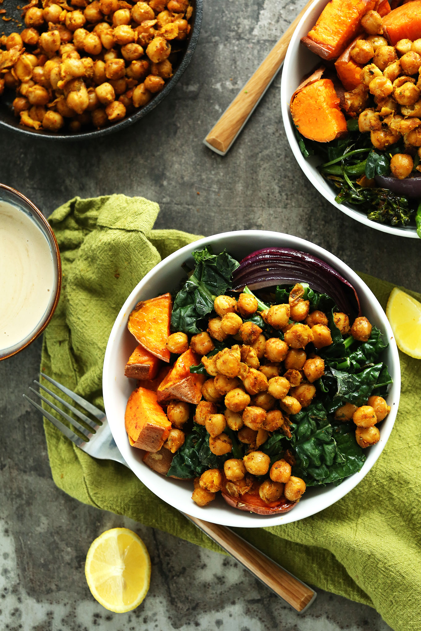 Sweet Potato Chickpea Buddha Bowls with Kale, Red Onions, and a Lemon Tahini Maple dressing