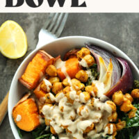 Overhead photo of a serving of our sweet potato chickpea buddha bowl with text above that says ready in 30 minutes